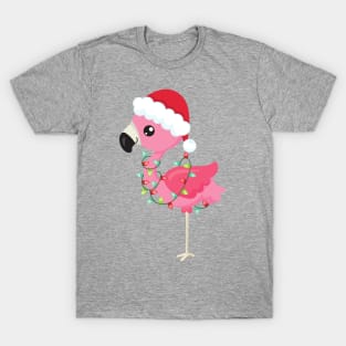 Christmas Flamingo, Santa Hat, Christmas Lights T-Shirt